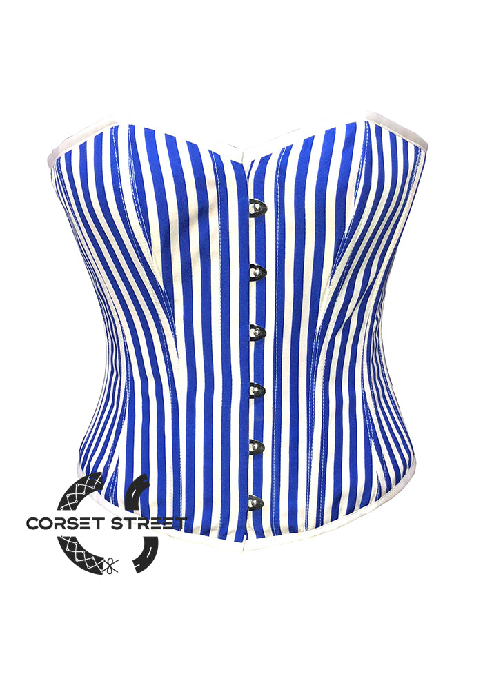 Blue and White Vertical Striped Satin Gothic Costume Waist Training Overbust  Plus Size Bustier Top