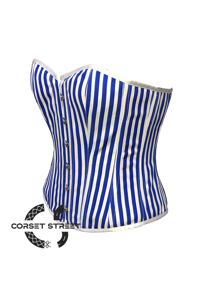 Blue and White Vertical Striped Satin Gothic Costume Waist Training Overbust  Plus Size Bustier Top