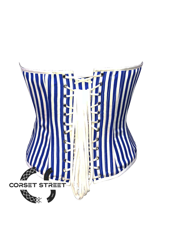 Blue and White Vertical Striped Satin Gothic Costume Waist Training Overbust  Plus Size Bustier Top