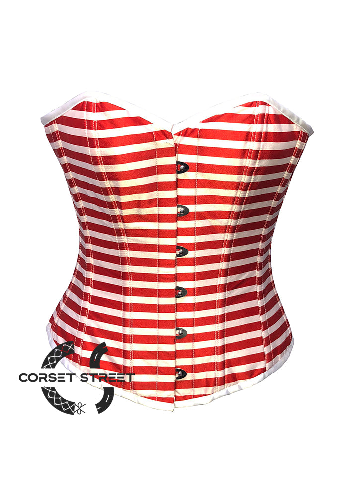 Red and White Horizontal Striped Satin Gothic Costume Waist Training Overbust Bustier Top