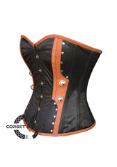 Black Satin Brown Leather Steampunk Costume Overbust Corset Top