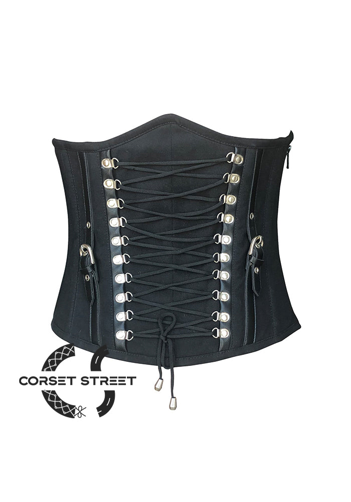 Black Cotton Twill with Leather Belts Design and Side Zipper Underbust Corset Top