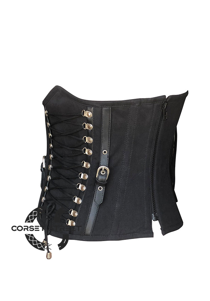 Black Cotton Twill with Leather Belts Design and Side Zipper Underbust Corset Top