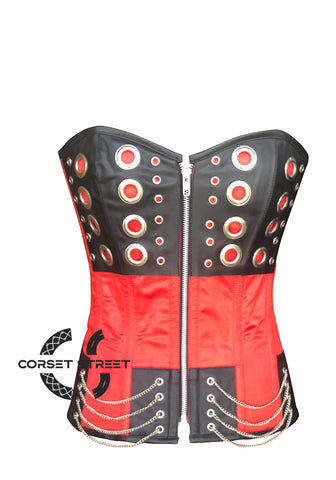 Red and Black Satin with O-Rings Steampunk Costume Overbust Corset Top