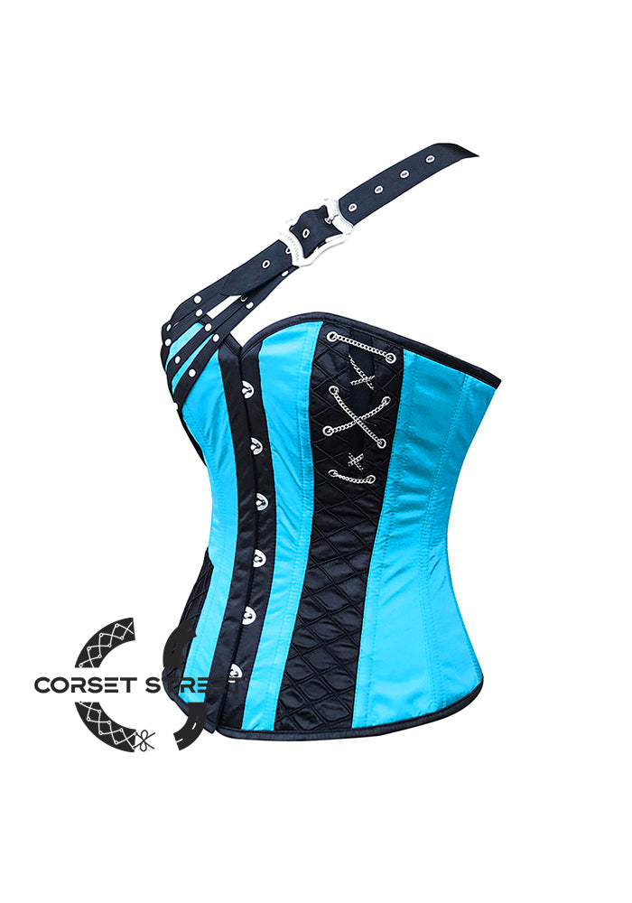 Baby Blue and Black Satin Gothic Steampunk Costume Overbust Plus Size Bustier Top