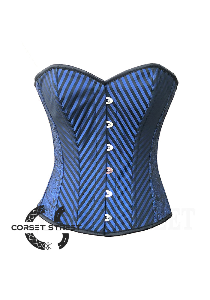 Blue and Black Brocade Striped Overbust Corset  Plus Size Sexy Top