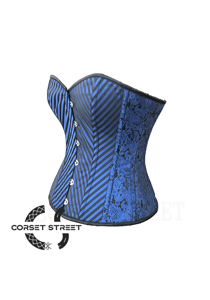 Blue and Black Brocade Striped Overbust Corset  Plus Size Sexy Top