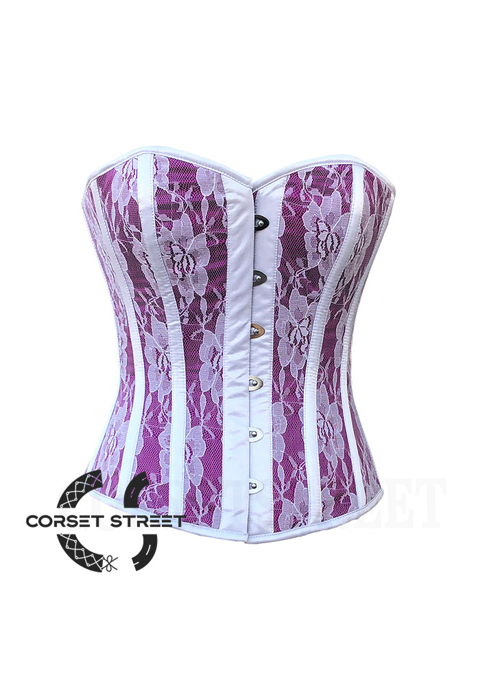 Purple Satin White Floral Lace Overbust Corset Plus Size Top