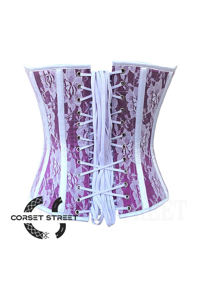 Purple Satin White Floral Lace Overbust Corset Top