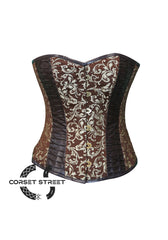 Brown & Golden Brocade and Leather Corset Overbust Bustier Top