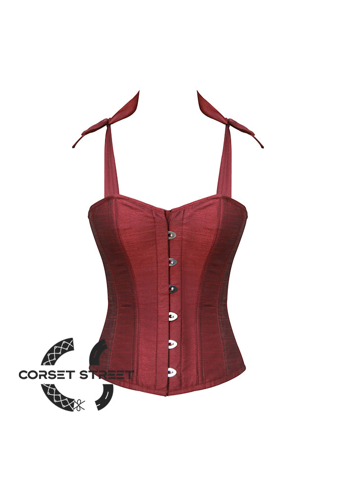Maroon Silk Bustier with Shoulder Straps Overbust Corset