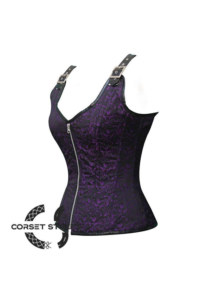 Purple and Black Brocade Overbust Plus Size Corset with Shoulder Straps