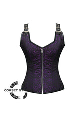 Purple and Black Brocade Overbust Plus Size Corset with Shoulder Straps