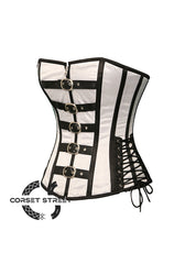 White Satin And Black Leather Steampunk Costume Gothic Overbust Plus Size Corset Top