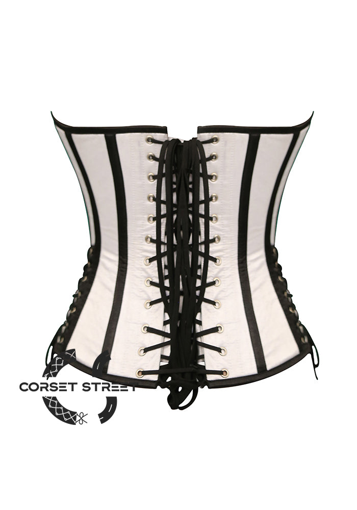 White Satin And Black Leather Steampunk Costume Gothic Overbust Plus Size Corset Top
