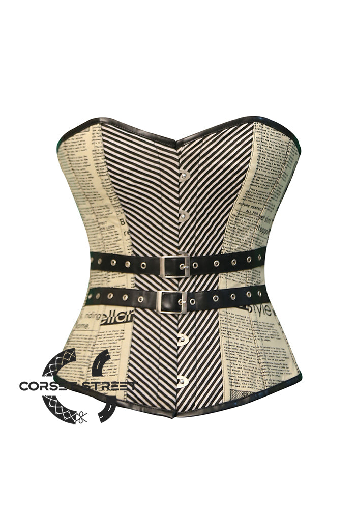 Newspaper Print Cotton Satin Retro Bustier Overbust Corset Costume Top