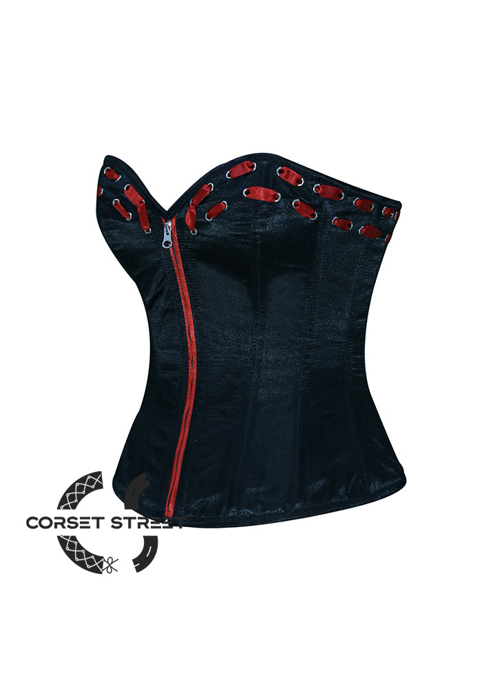 Black Satin With Red Lacing Overbust Gothic Corset Burlesque Costume Top