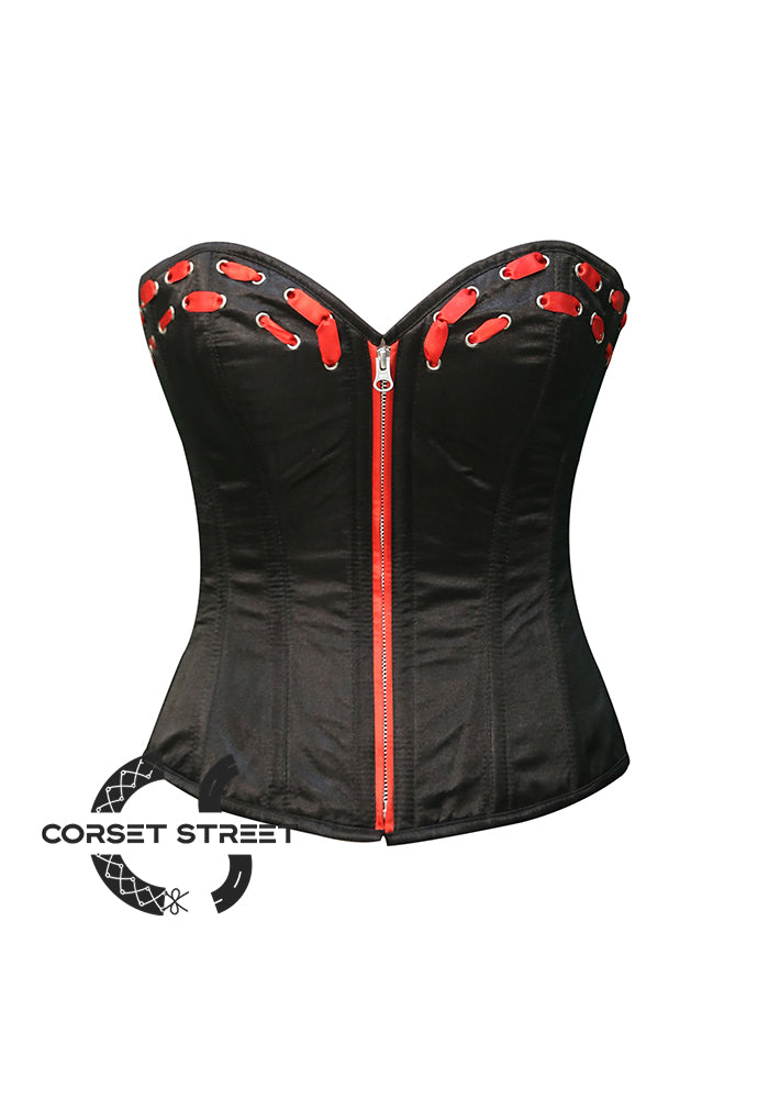 Black Satin With Red Lacing Overbust Gothic Corset Burlesque Costume Top