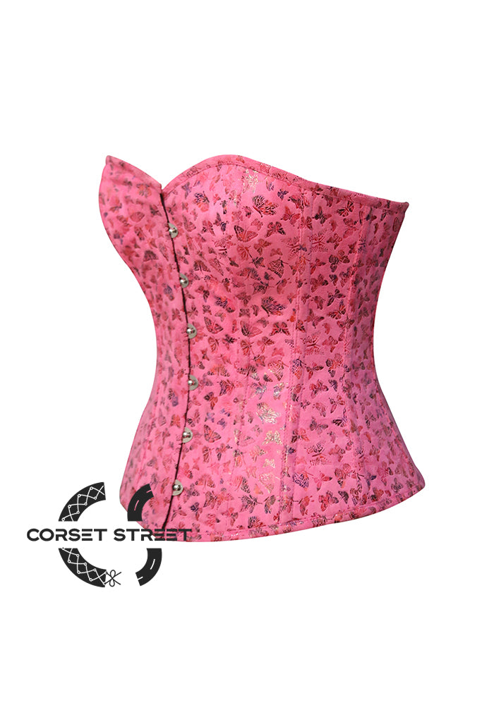 Pink Butterfly Printed Soft Leather Overbust Bustier Waist Training Corset