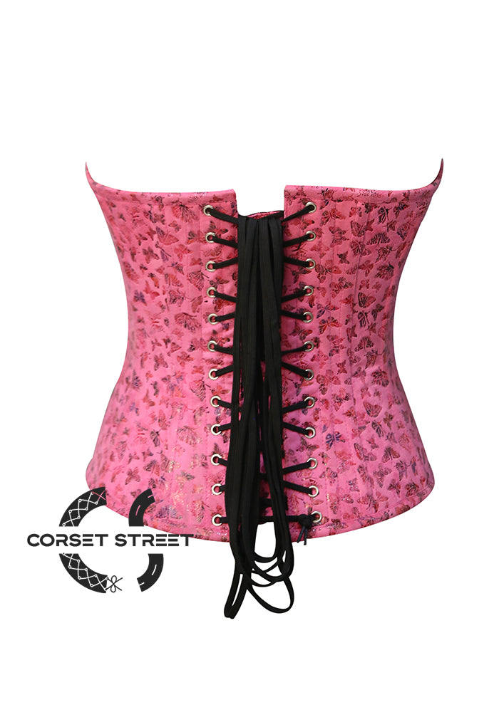 Pink Butterfly Printed Soft Leather Overbust Bustier Waist Training Corset