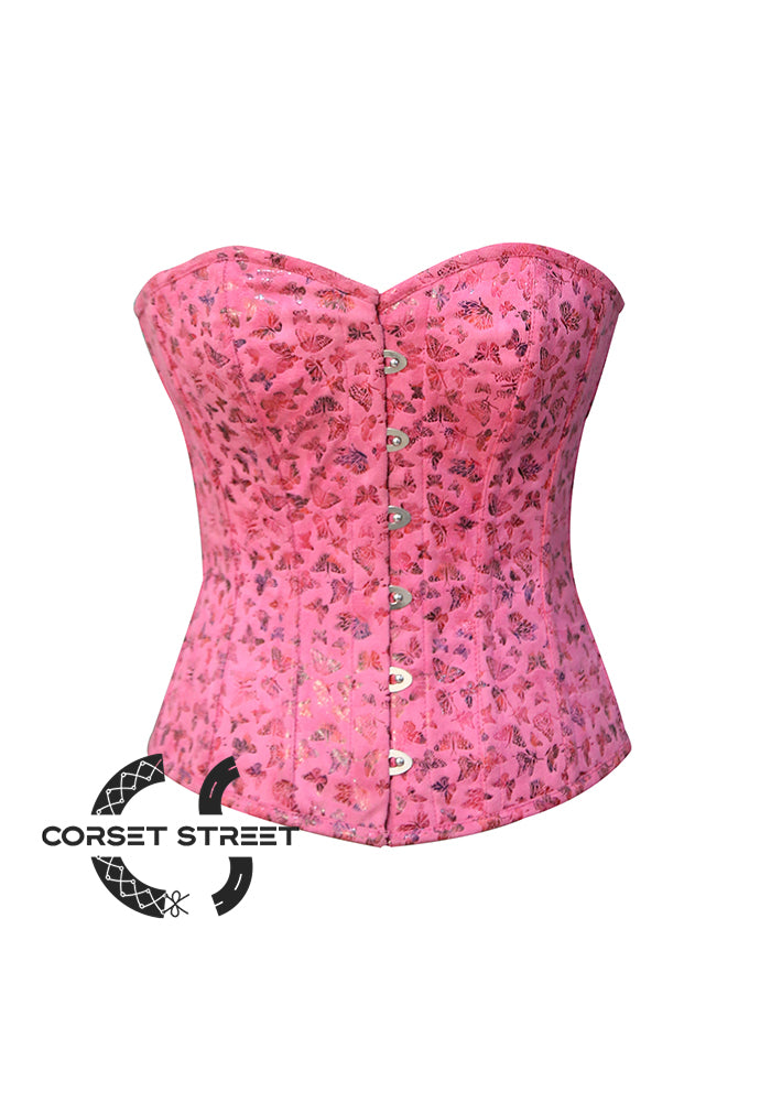 Pink Butterfly Printed Soft Leather Overbust Bustier Waist Training Plus Size Corset