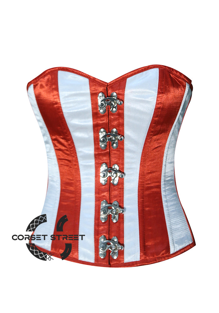 White And Red Stripes Burlesque Overbust Bustier Waist Training Plus Size Corset