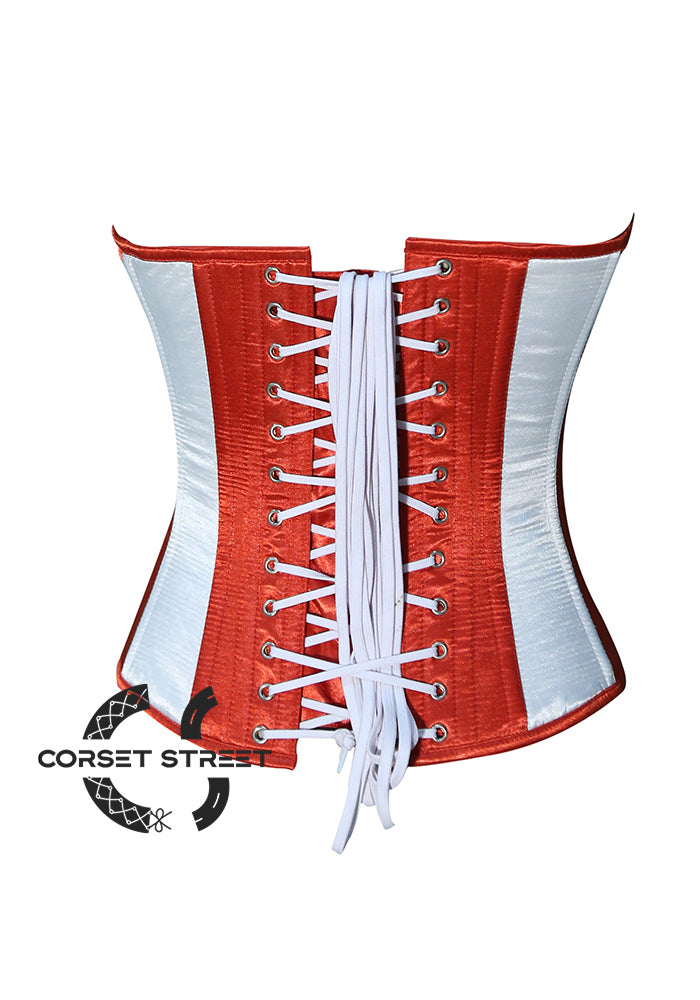 White And Red Stripes Burlesque Overbust Bustier Waist Training Plus Size Corset