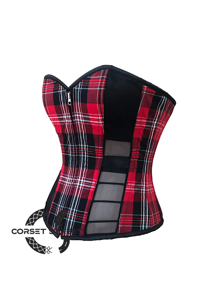 Red Flanel with Black mesh Front Zipper Corset Costume Overbust Top