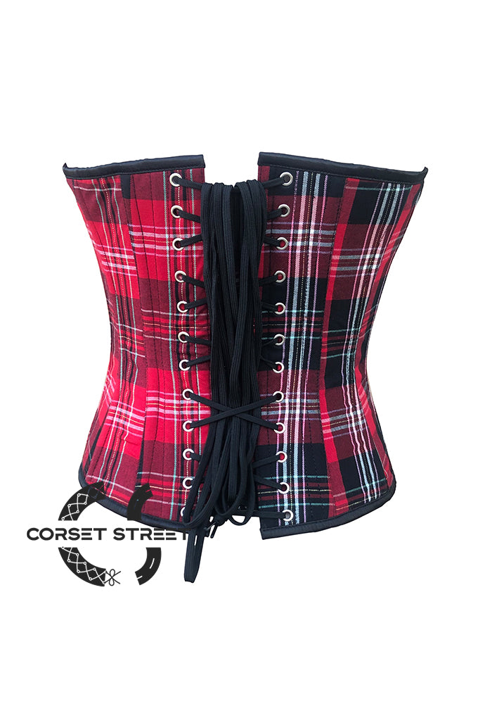 Red Flanel with Black mesh Front Zipper Corset Costume Overbust Top