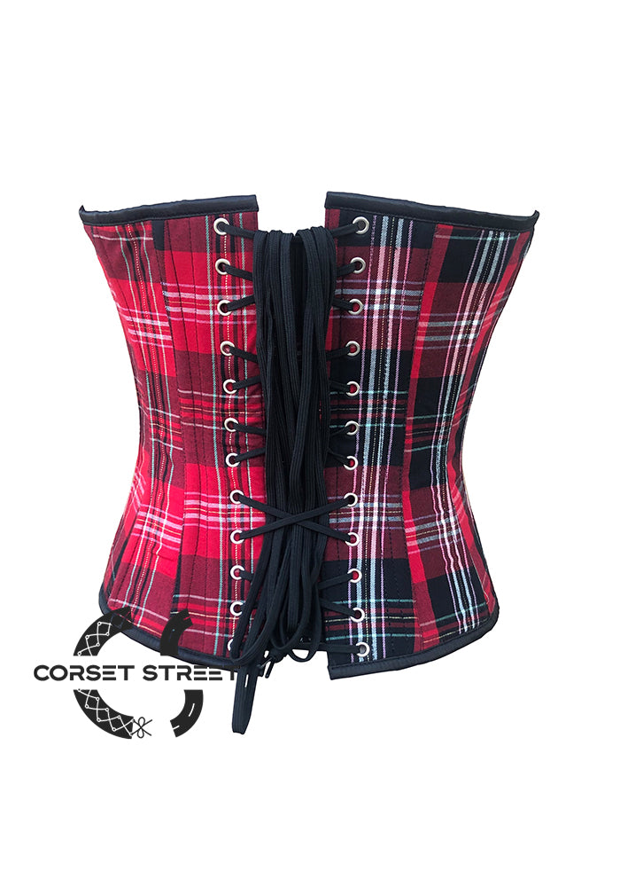 Red Flanel with Black mesh Front Zipper Corset Plus Size Costume Overbust Top