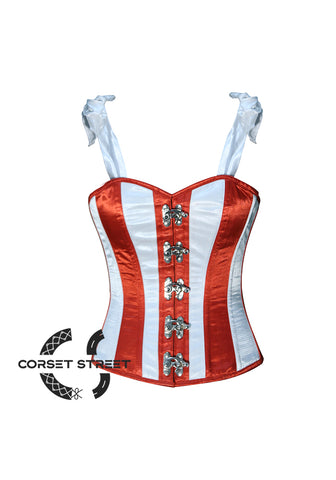 White and Red Stripes With Shoulder Strap Burlesque Overbust Bustier Waist Training Plus Size Corset