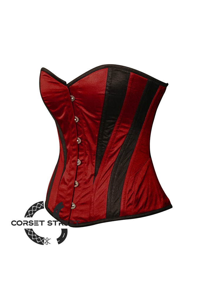 Burgundy and Black Satin Burlesque Costume Overbust Plus Size Corset Top