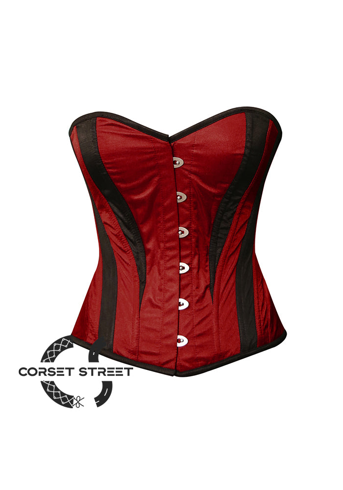 Burgundy and Black Satin Burlesque Costume Overbust Plus Size Corset Top