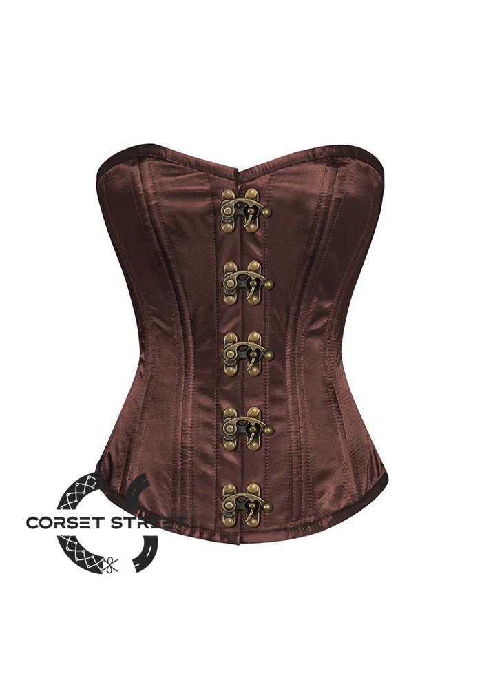 Brown Satin Double Bone Burlesque Overbust Bustier Waist Training Plus Size Corset