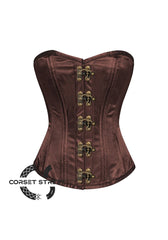 Brown Satin Double Bone Burlesque Overbust Bustier Waist Training Plus Size Corset