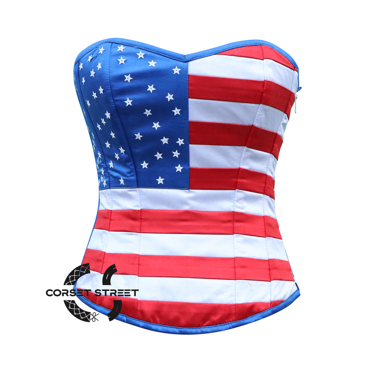 Blue Satin with Red and White Stripes USA Flag Day Corset Overbust Costume