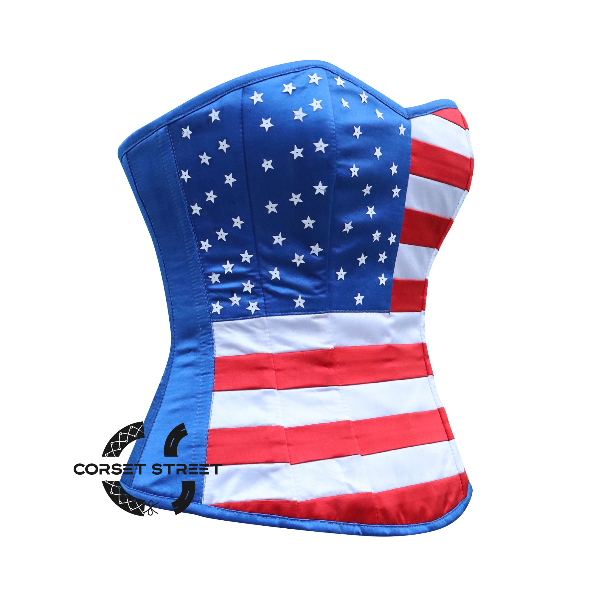 Blue Satin with Red and White Stripes USA Flag Day Corset Overbust Costume