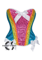 Pink Blue Yellow Satin With Front White Bow Sequin Work Overbust Rainbow Corset Burlesque Top