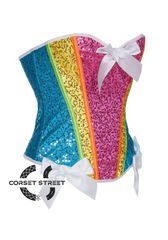 Pink Blue Yellow Satin With Front White Bow Sequin Work Overbust Rainbow Corset Burlesque Top