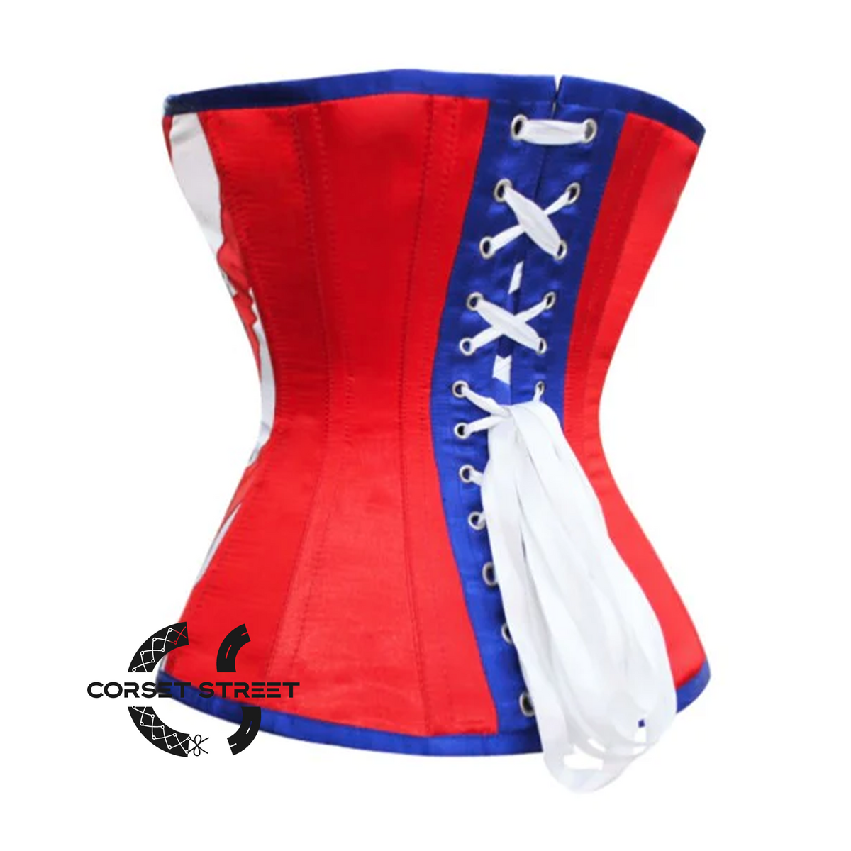 USA Flag Corset Red Strips Blue Satin Gothic Overbust Costume Burlesque Top