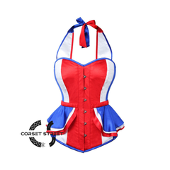 Red Blue Satin Peplum Corset With Strap Plus Size Costume France Flag Top