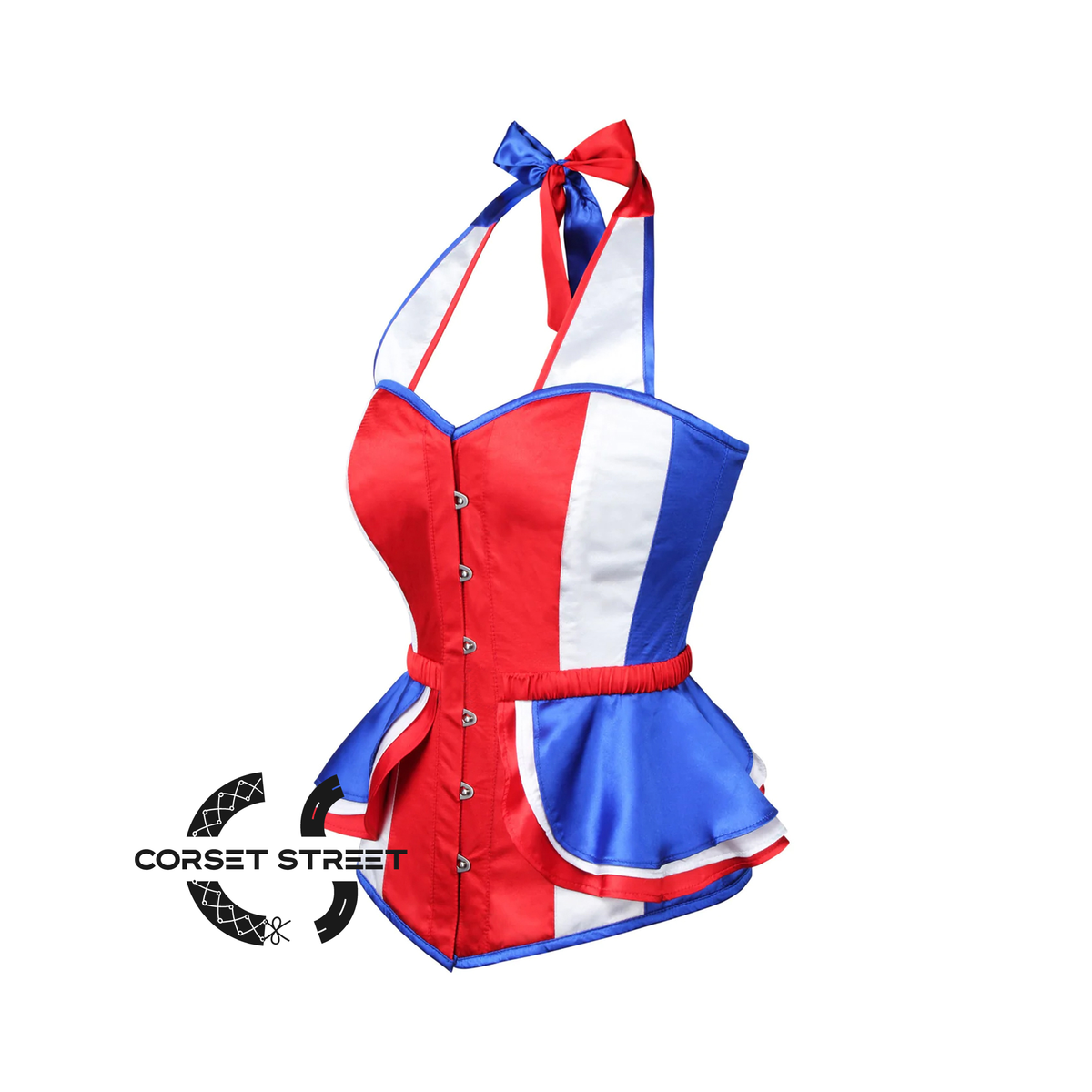 Red Blue Satin Peplum Corset With Strap Costume France Flag Top