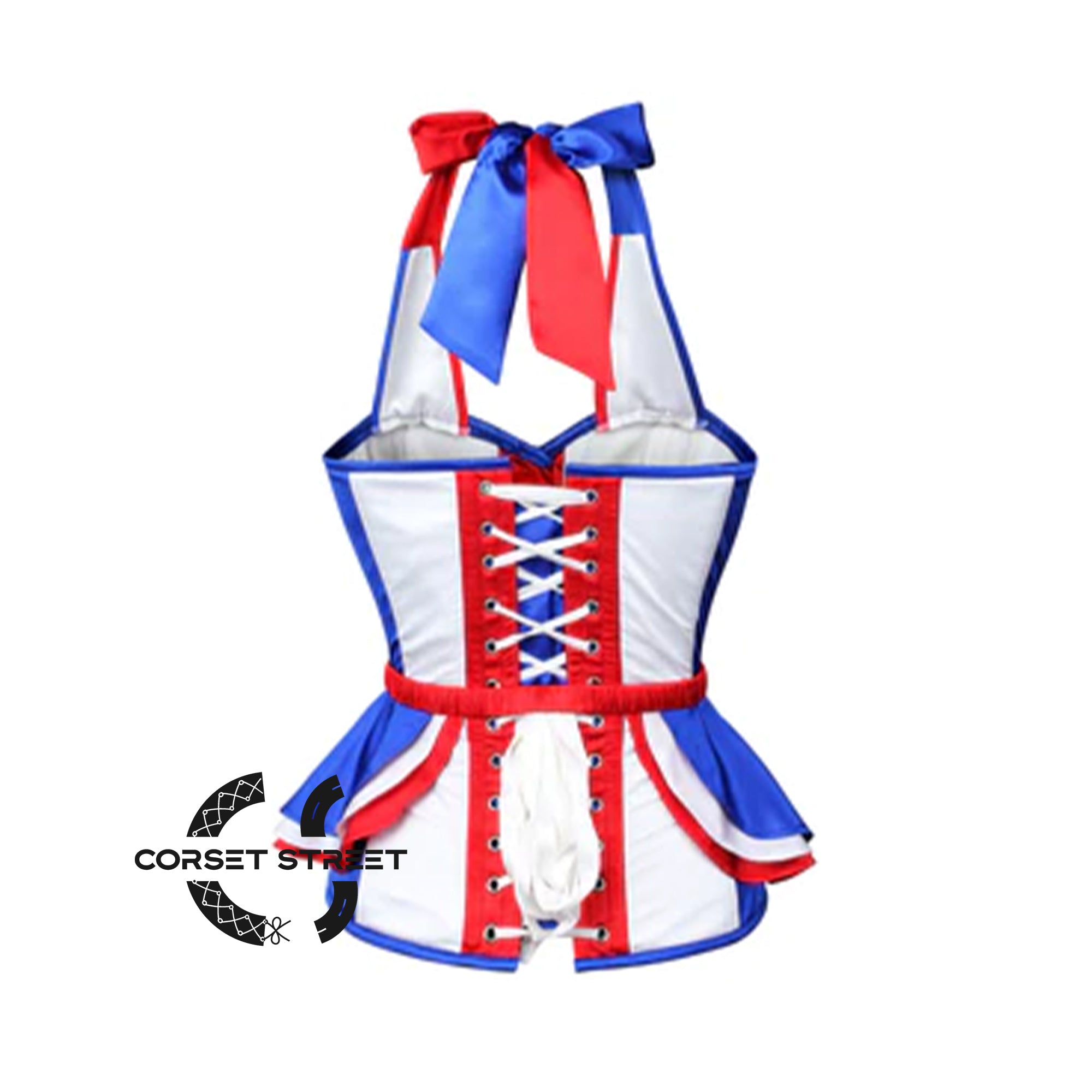 Red Blue Satin Peplum Corset With Strap Costume France Flag Top