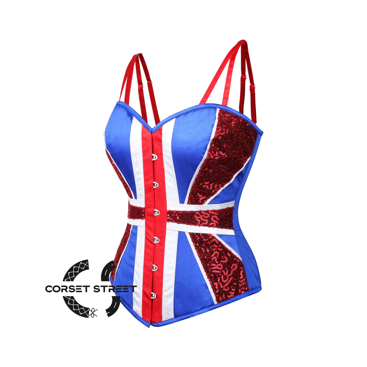 Blue And  White Satin With Red Sequins UK Flag Goth Burlesque Overbust Corset With Red Stripes