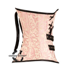 Pink Brocade With Leather Belts Steampunk Costume Waist Cincher Basque Underbust Plus Size Corset