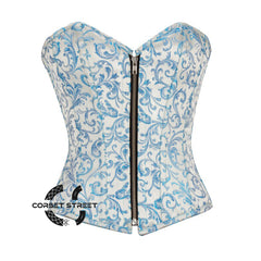 Blue And White Brocade Front Zipper Gothic Overbust Corset Bustier Waist Cincher