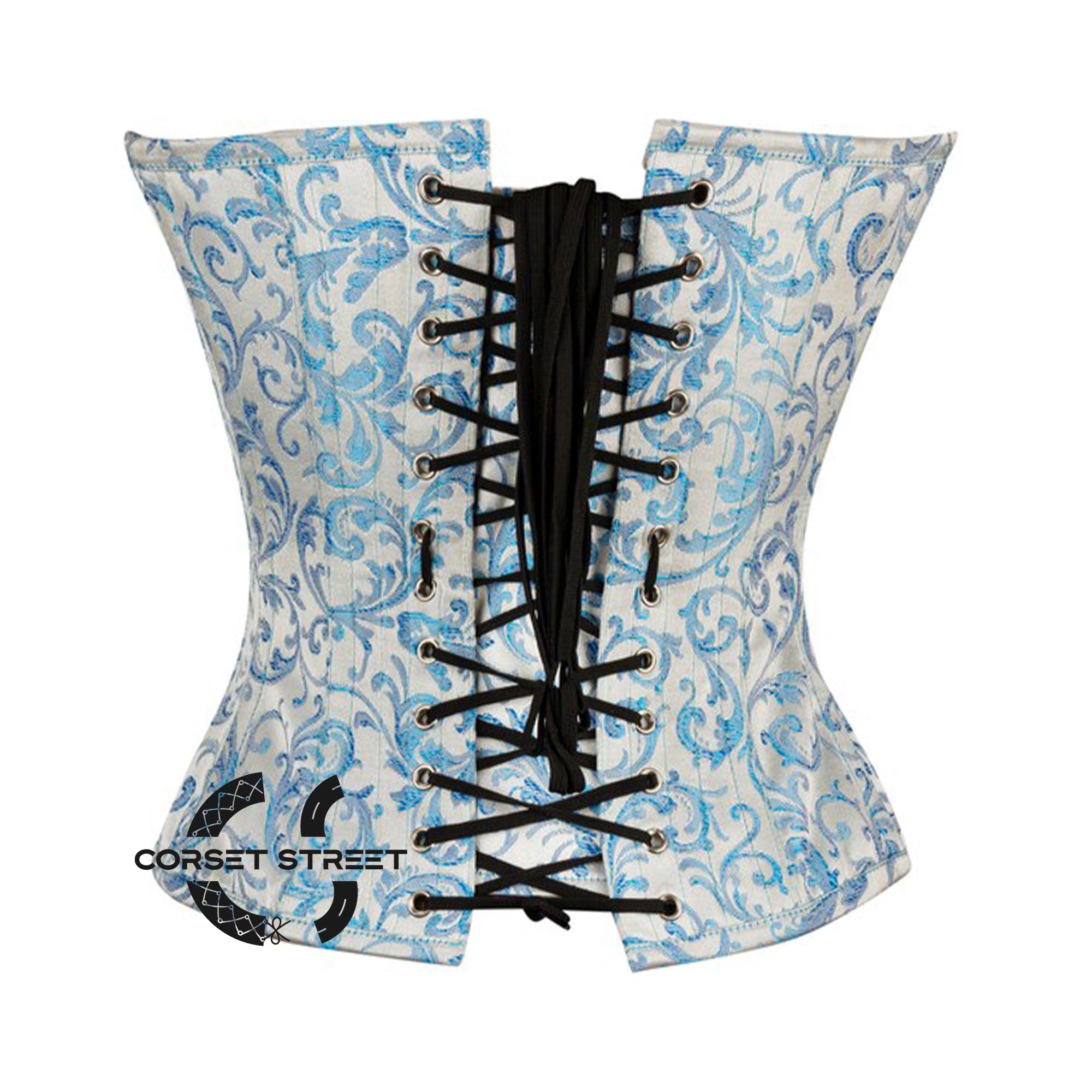 Blue And White Brocade Front Zipper Gothic Overbust Corset Bustier Waist Cincher