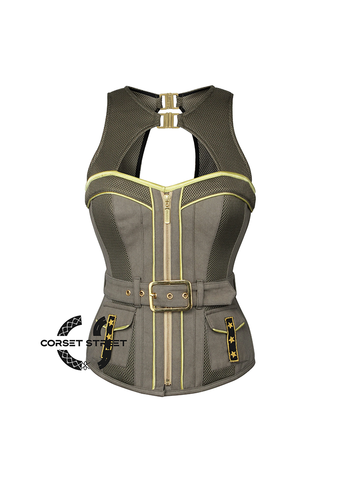 Army Green Cotton With Mesh Military Costume Steampunk Overbust Corset Top