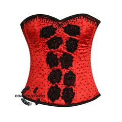 Red Satin Black Sequins Hand Work Burlesque Gothic Costume Plus Size Overbust Bustier Top