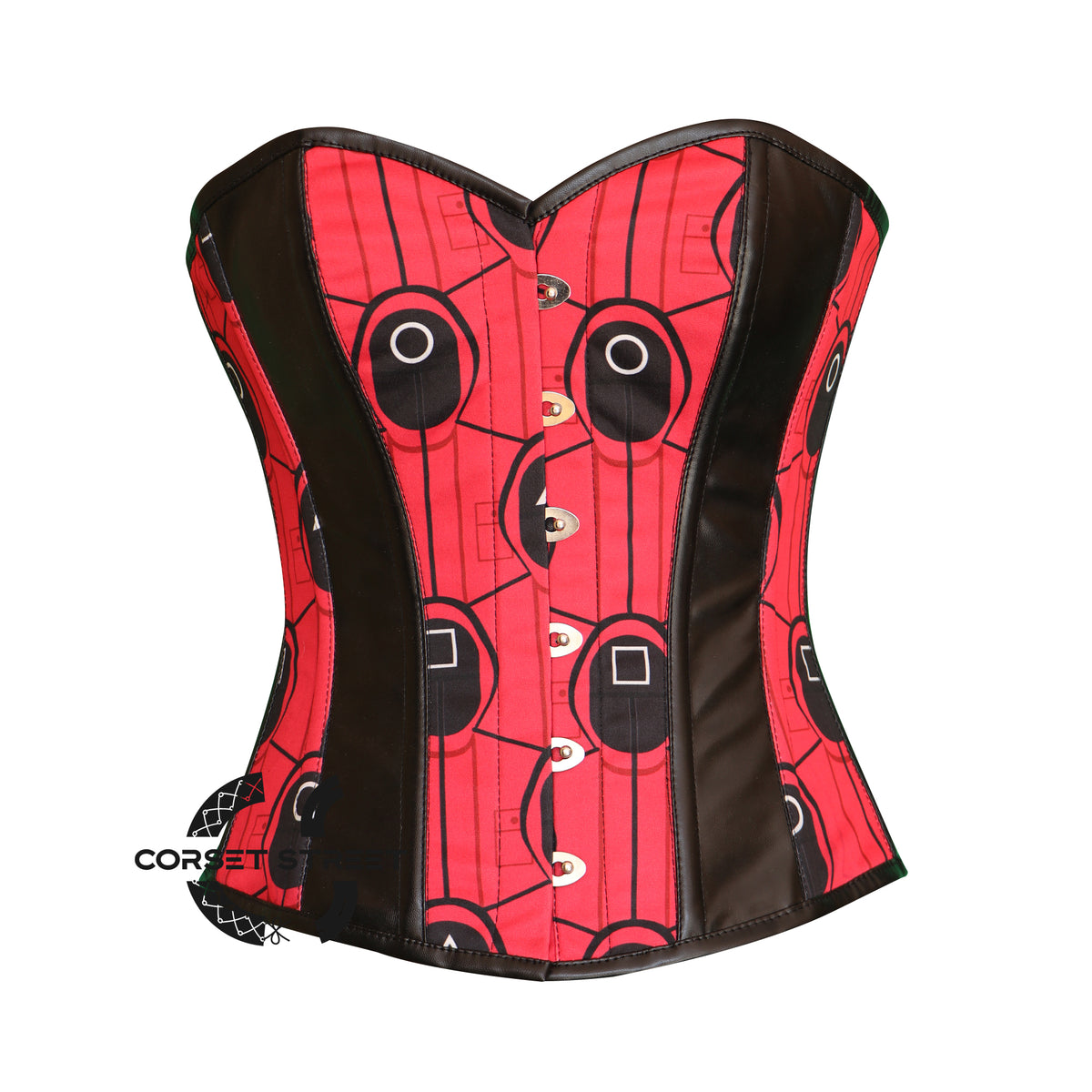 Red And Black Printed Lycra Leather Stripes Burlesque Gothic Costume Overbust Plus Size  Bustier Top